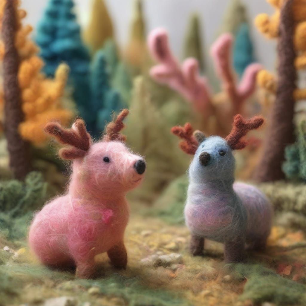 Bear and Elk in Forest, Felted Friends Style