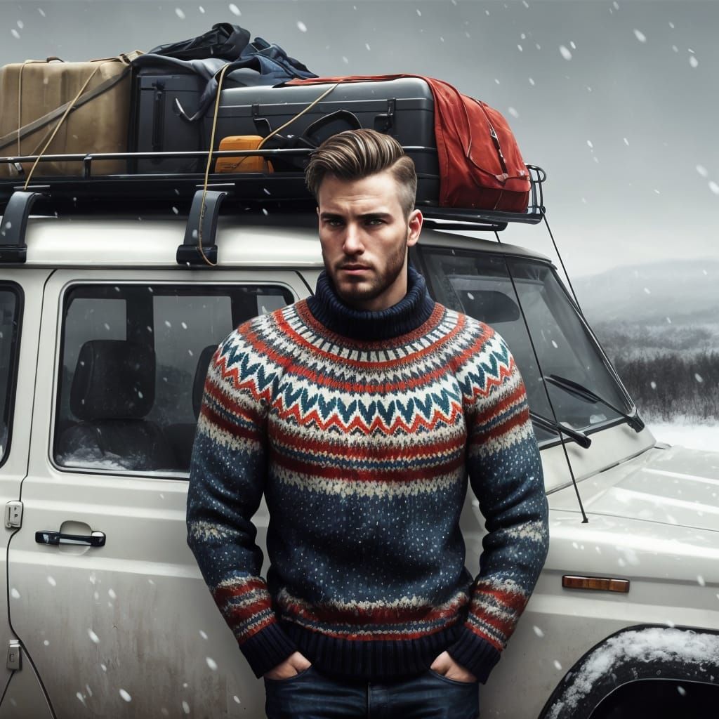 Handsome Adventurer in Nordic Sweater and Snowy Landscape