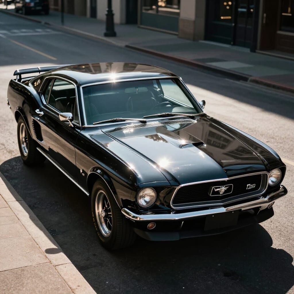 Shiny Black 1969 Mustang Mach 1 Gleaming Under Cinematic Lig...