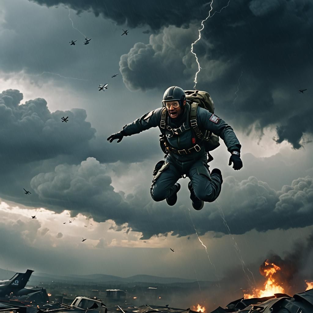 Medic Skydiving in Storm: Cinematic Videogame Scene