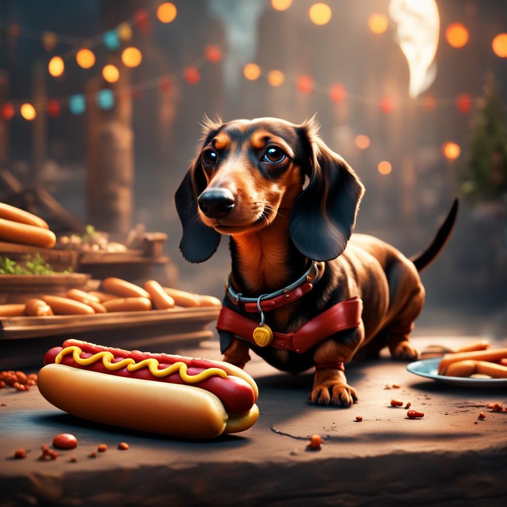 Dachshund's Delight: A Colorful Hotdog Feast