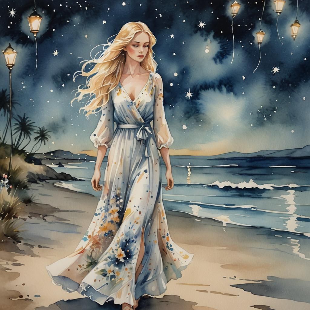 Woman in White Dress on Beach: Watercolor Painting