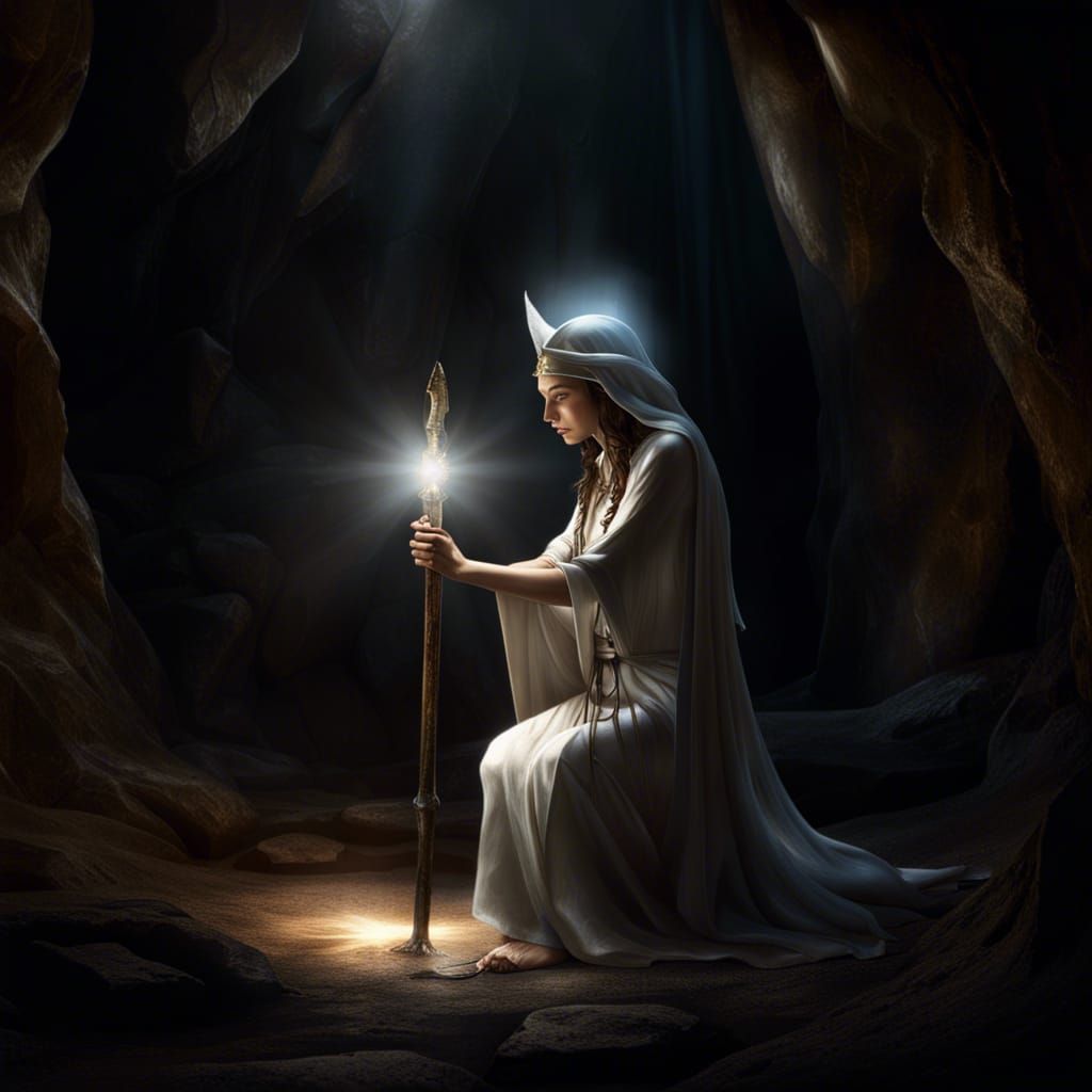 Priestess Kneeling in Prayer in a Dark Cavern