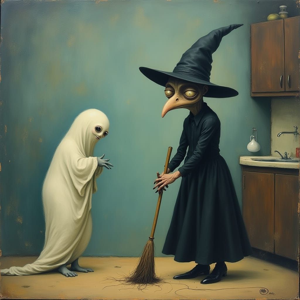 Whimsical Witch Watches Ghost Clean, Surreal Painting