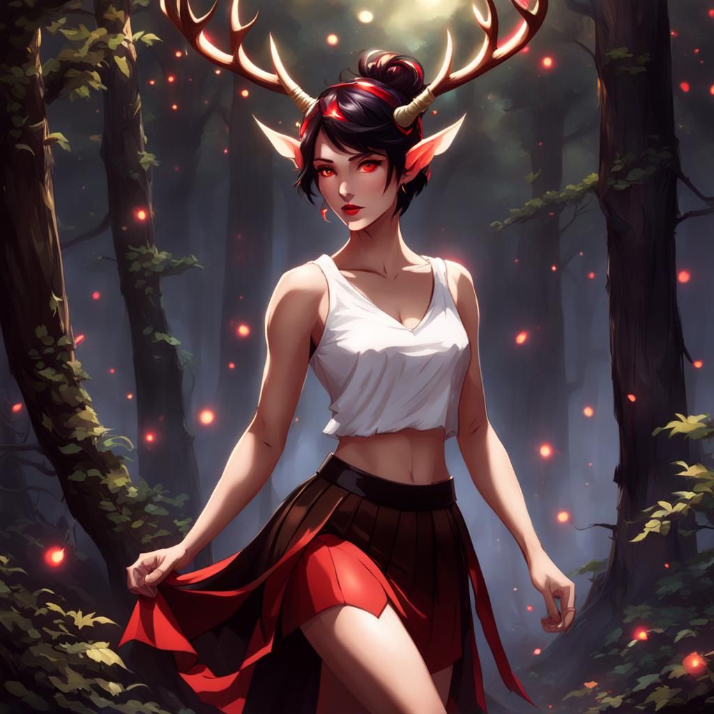 Fae Woman with Red Eyes and Antlers