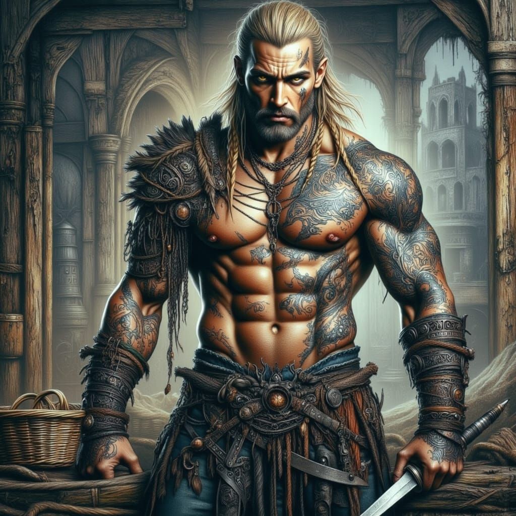Viking Warrior with Rune Tattoos in Dark Fantasy Style