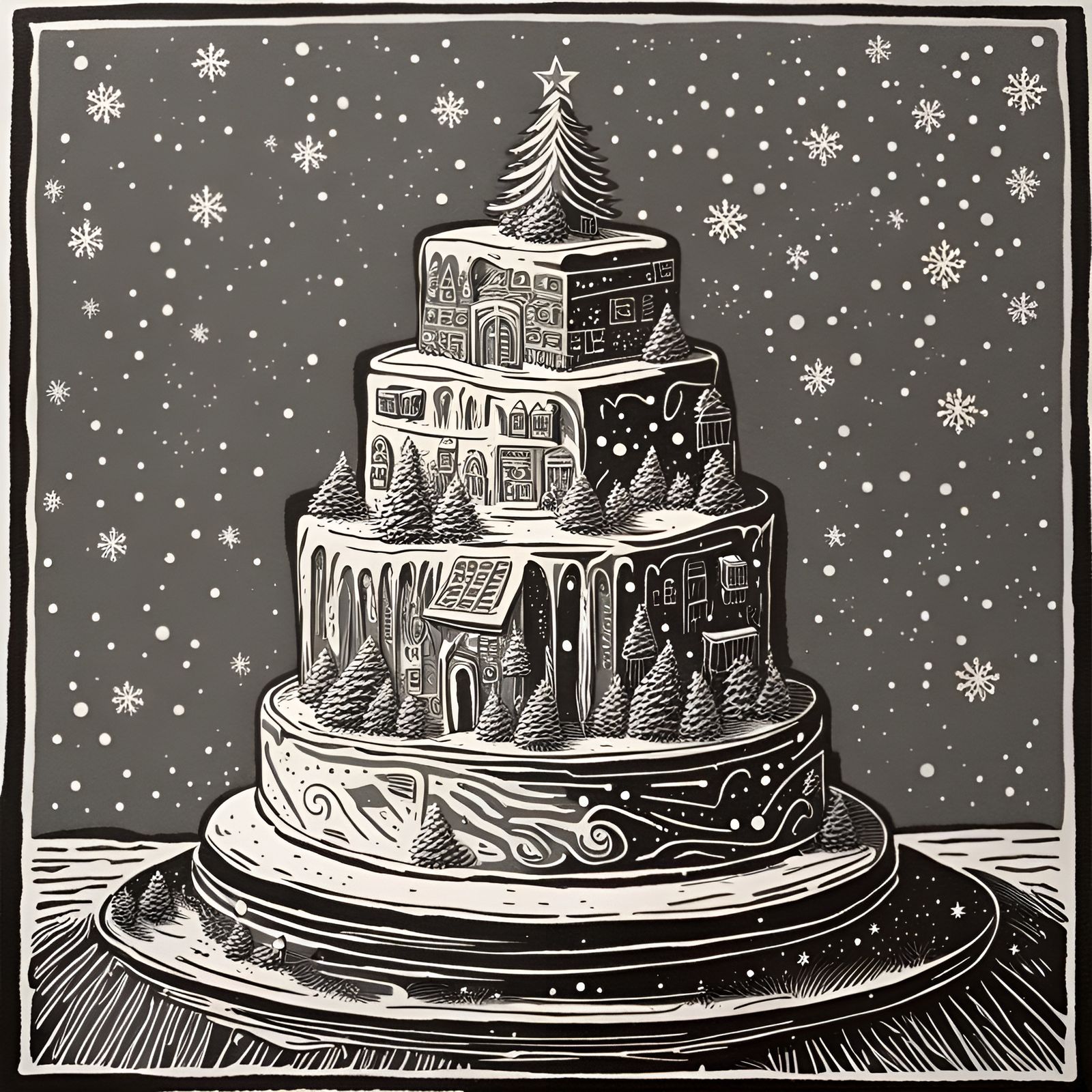 Fantasy Linocut of a Christmas Cake Sculpture