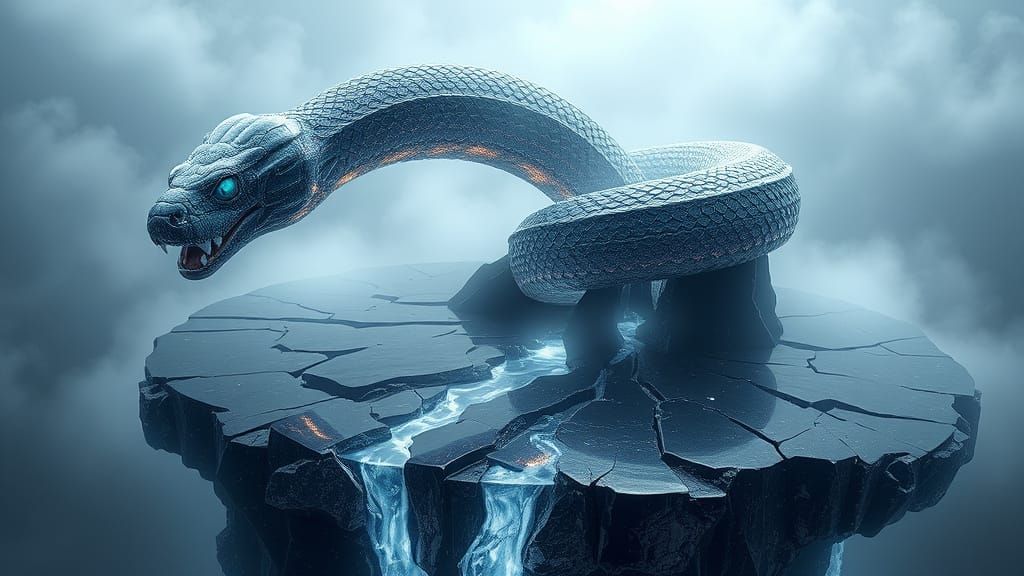 Biomechanical Snake Erupts from Obsidian Island in a Dreamli...