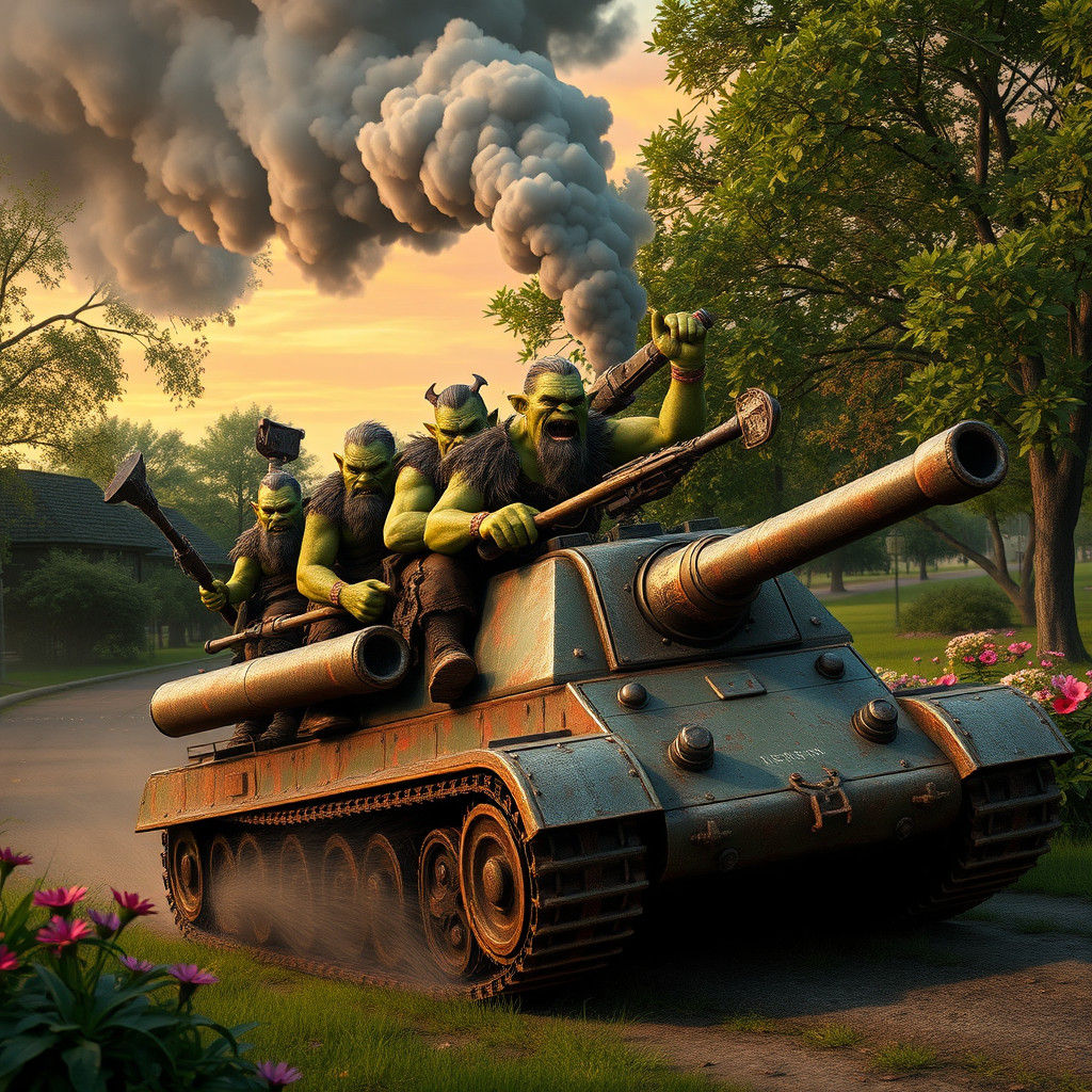 Grotesque Orcs Ride Tiny Tank Through Serene Summer Park at....