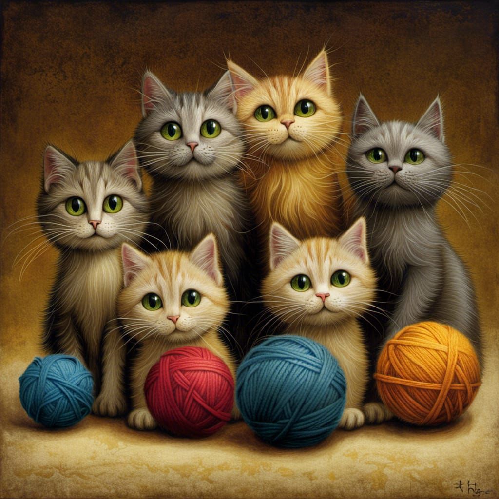 Playful Cats with Wool, Whimsical Character Design