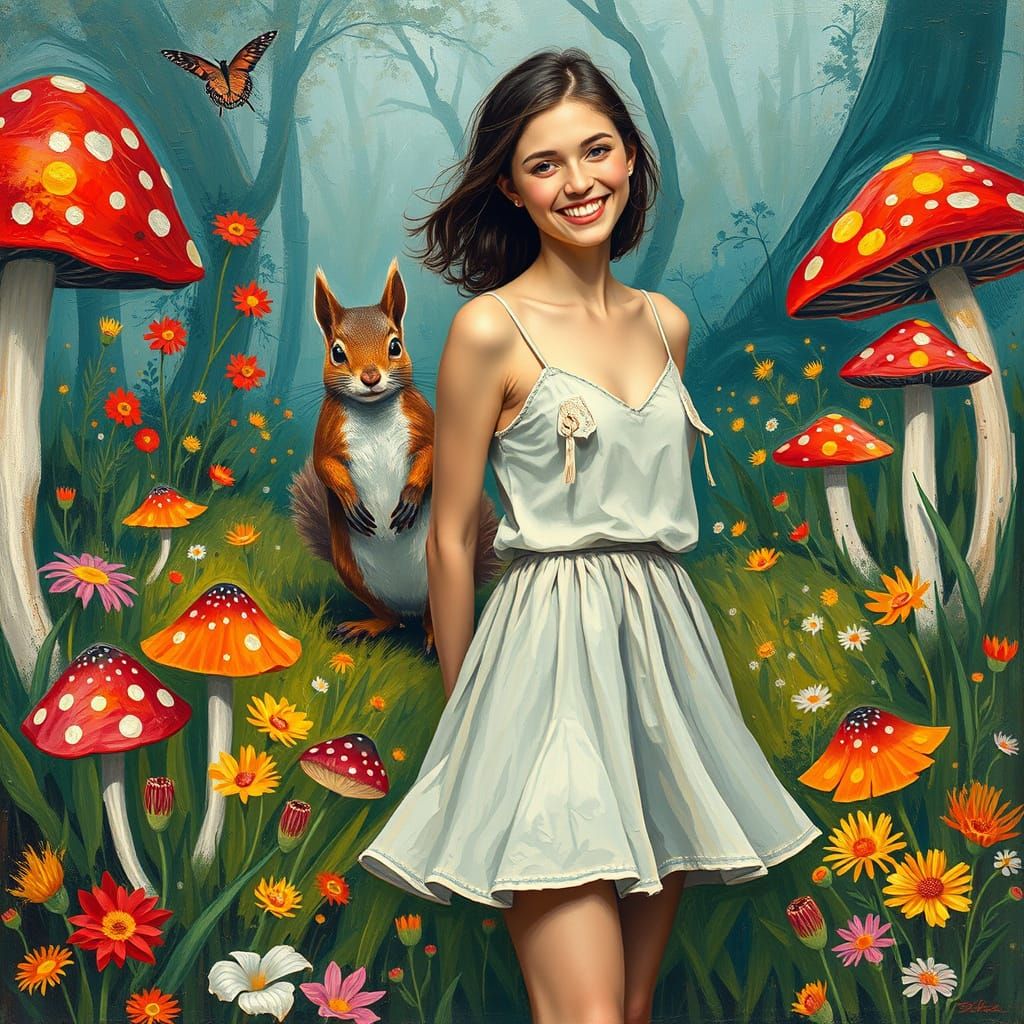 Woman in Mushroom Field, Neo-Impressionist Style