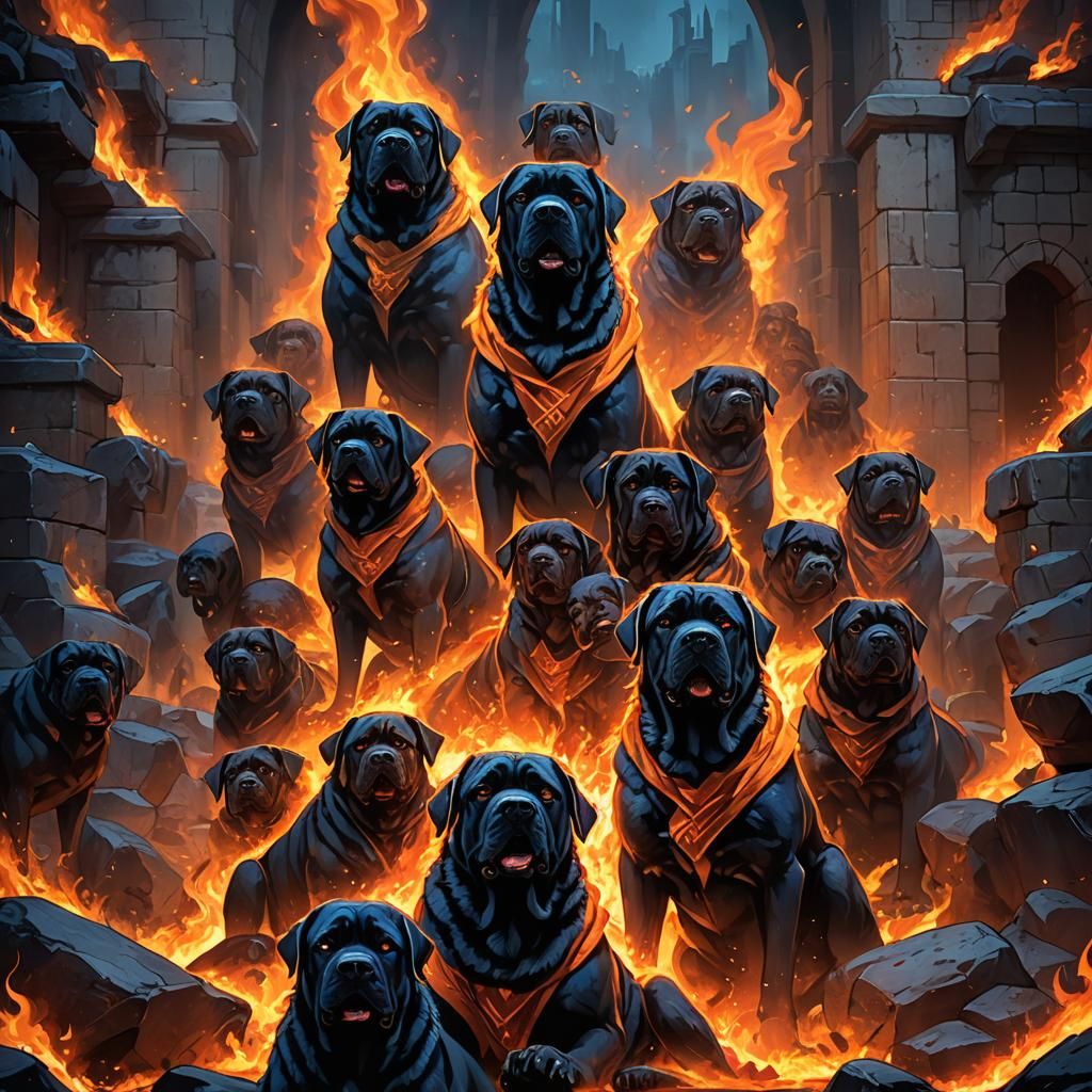 Inferno: Alhoon and Shadow Mastiffs in Fiery Abyss