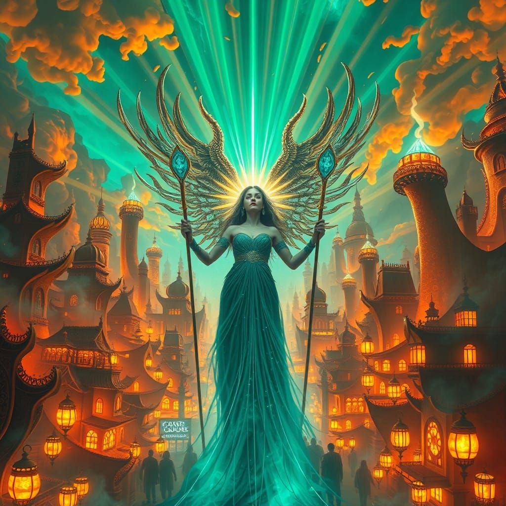 Celestial Woman in Flaming Metropolis, Mystical Art