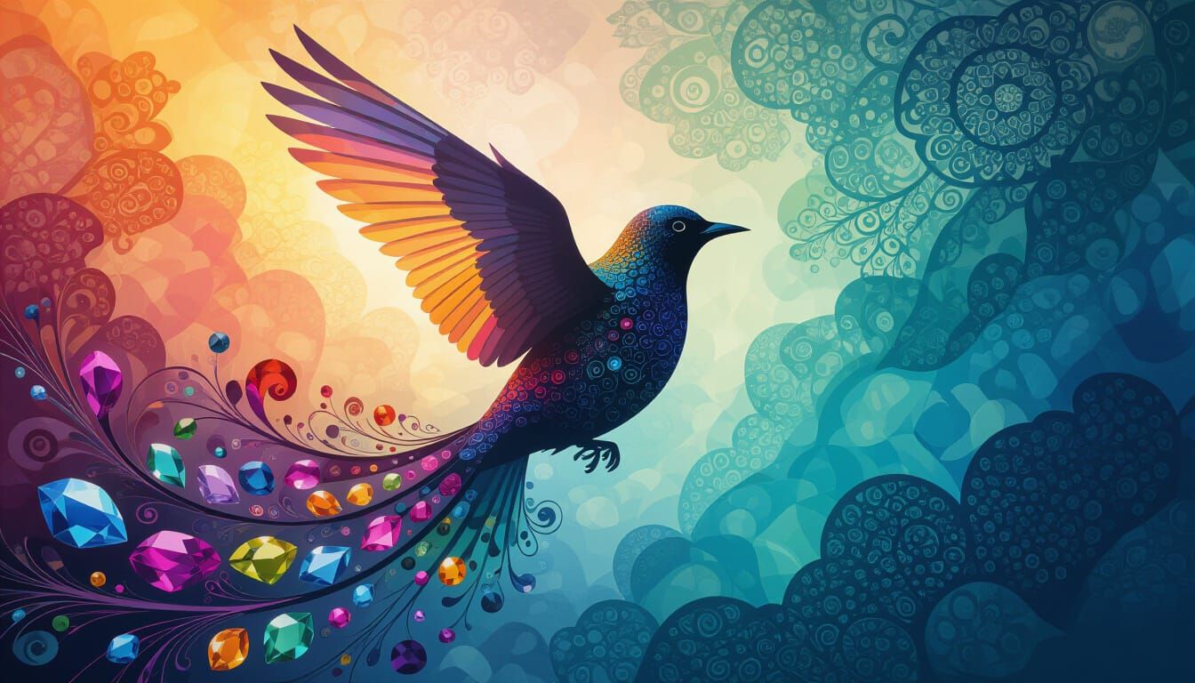 Surreal Bird Silhouette with Fractal Gemstones in Painterly ...