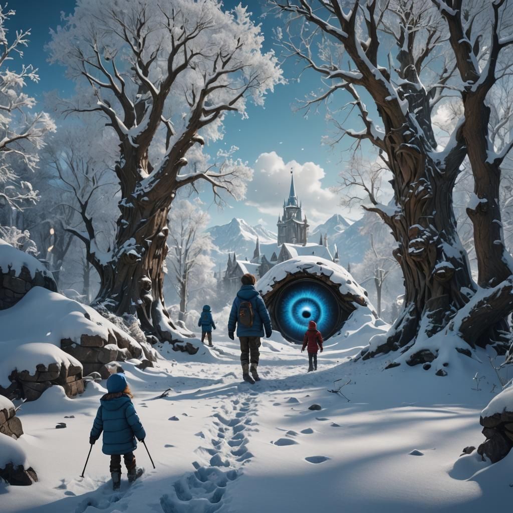 Kids Playing in Snow Reflected in Blue Eye