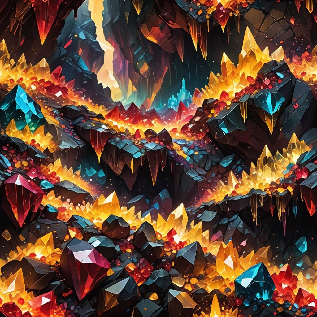 Red and Yellow Crystals Light Cave: Fantasy Art
