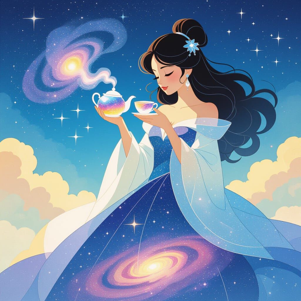 Celestial Woman Pours Galaxy Tea, Dreamy Ethereal Art
