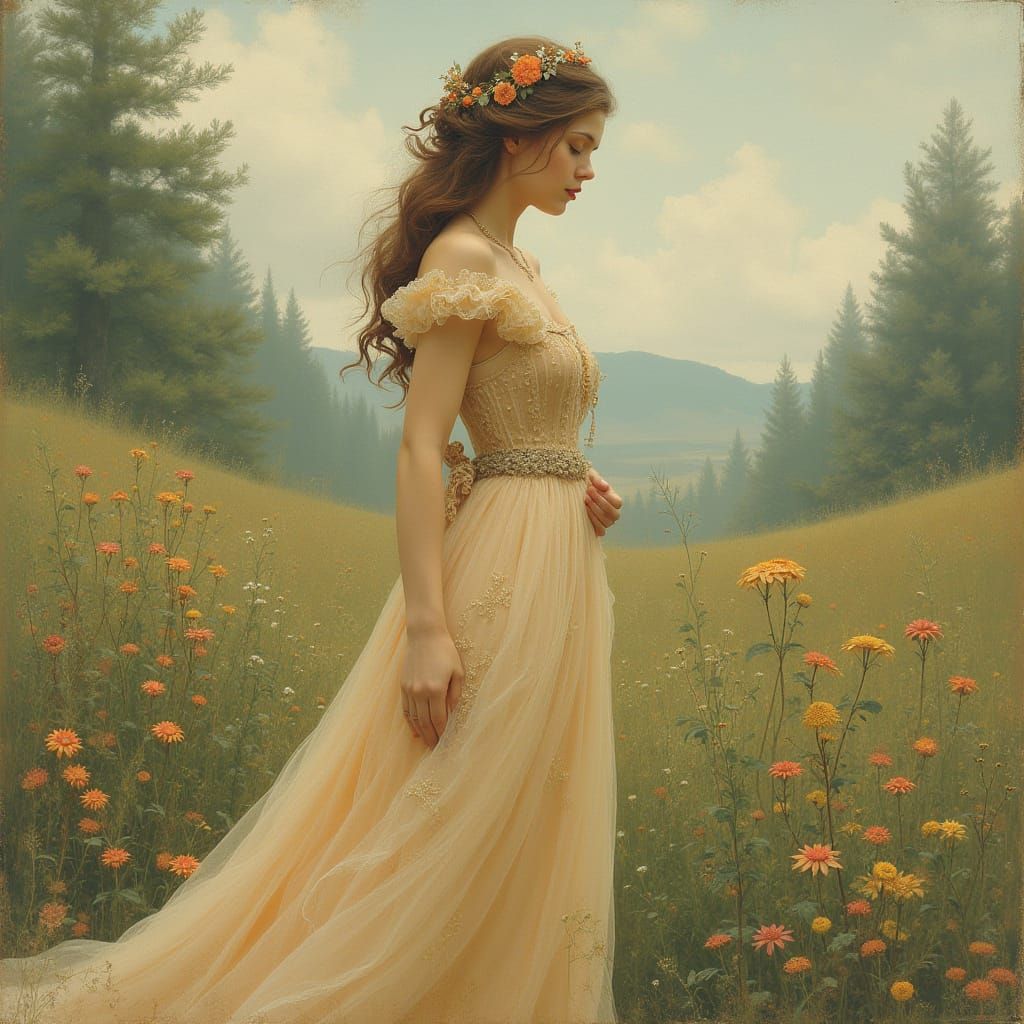 Elegant Woman in Serene Landscape, Art Nouveau Style