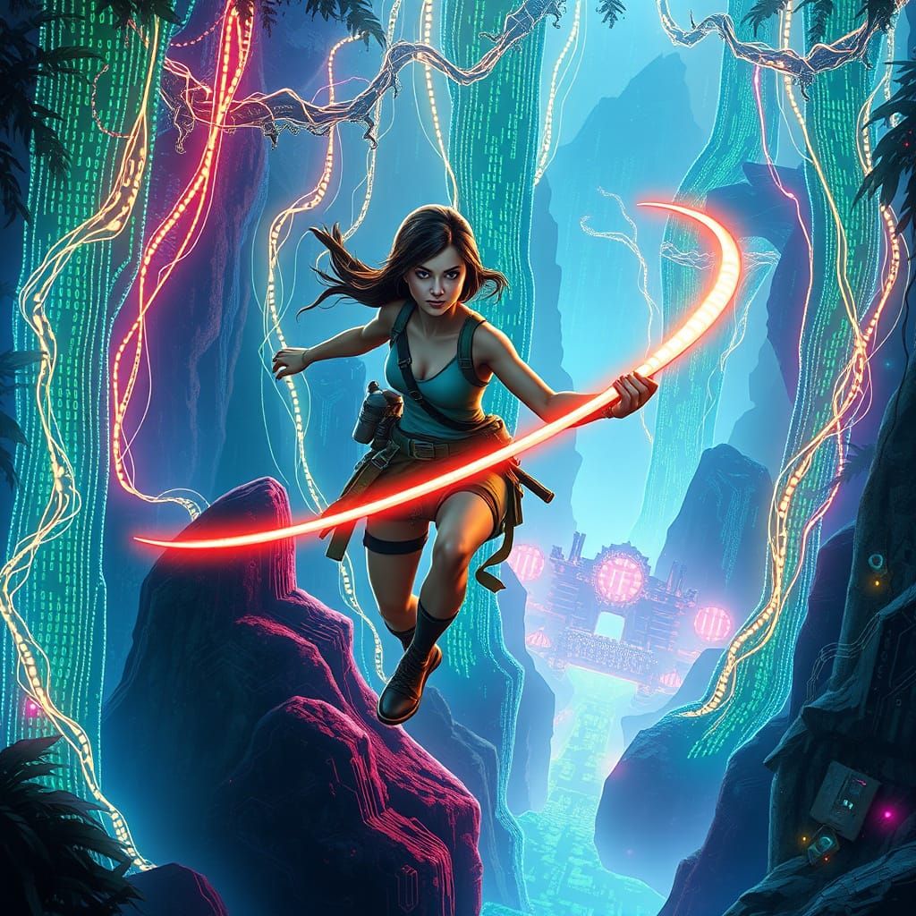 Lara Croft: Binary Jungle Explorer in Cyberpunk Style