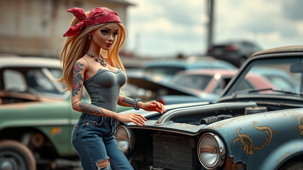Rebel Barbie Dismantles Junkyard Cars