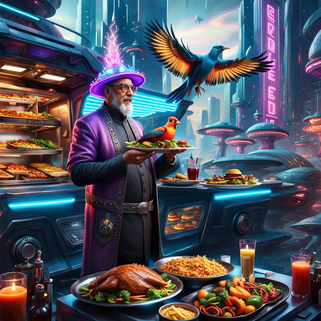 Cyberpunk Grandpa Cook's Bird Food Truck