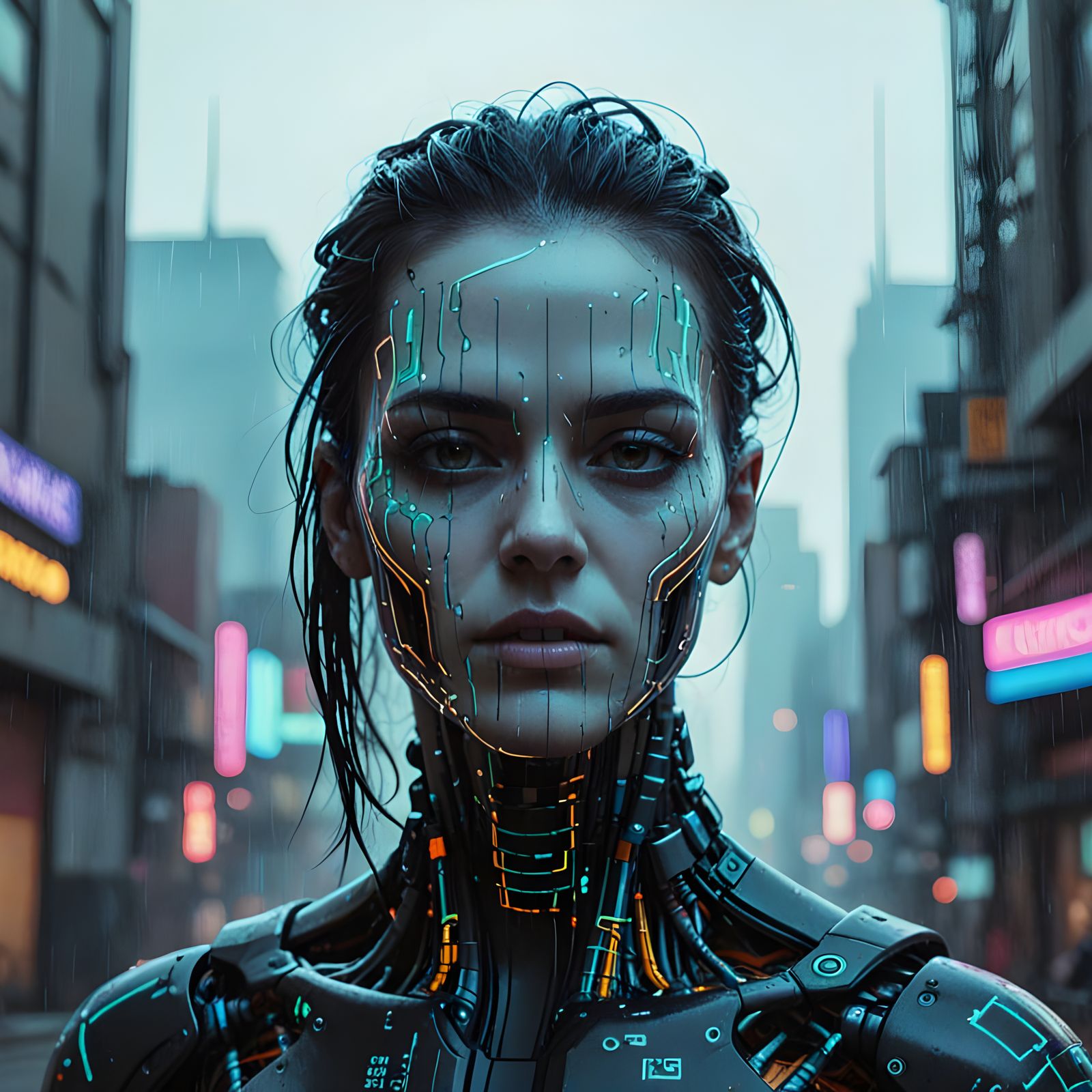 Glitched Humanoid in Cyberpunk Cityscape