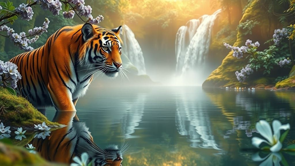 Regal Bengal Tiger in Golden Splendor, Serene Pond Reflectio...