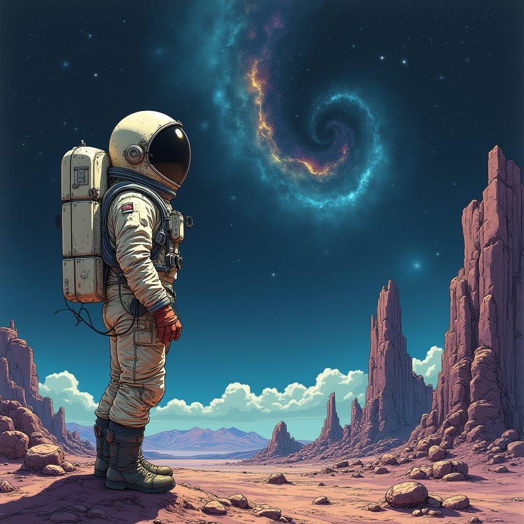 Astronaut on Alien Planet Gazing at Nebula