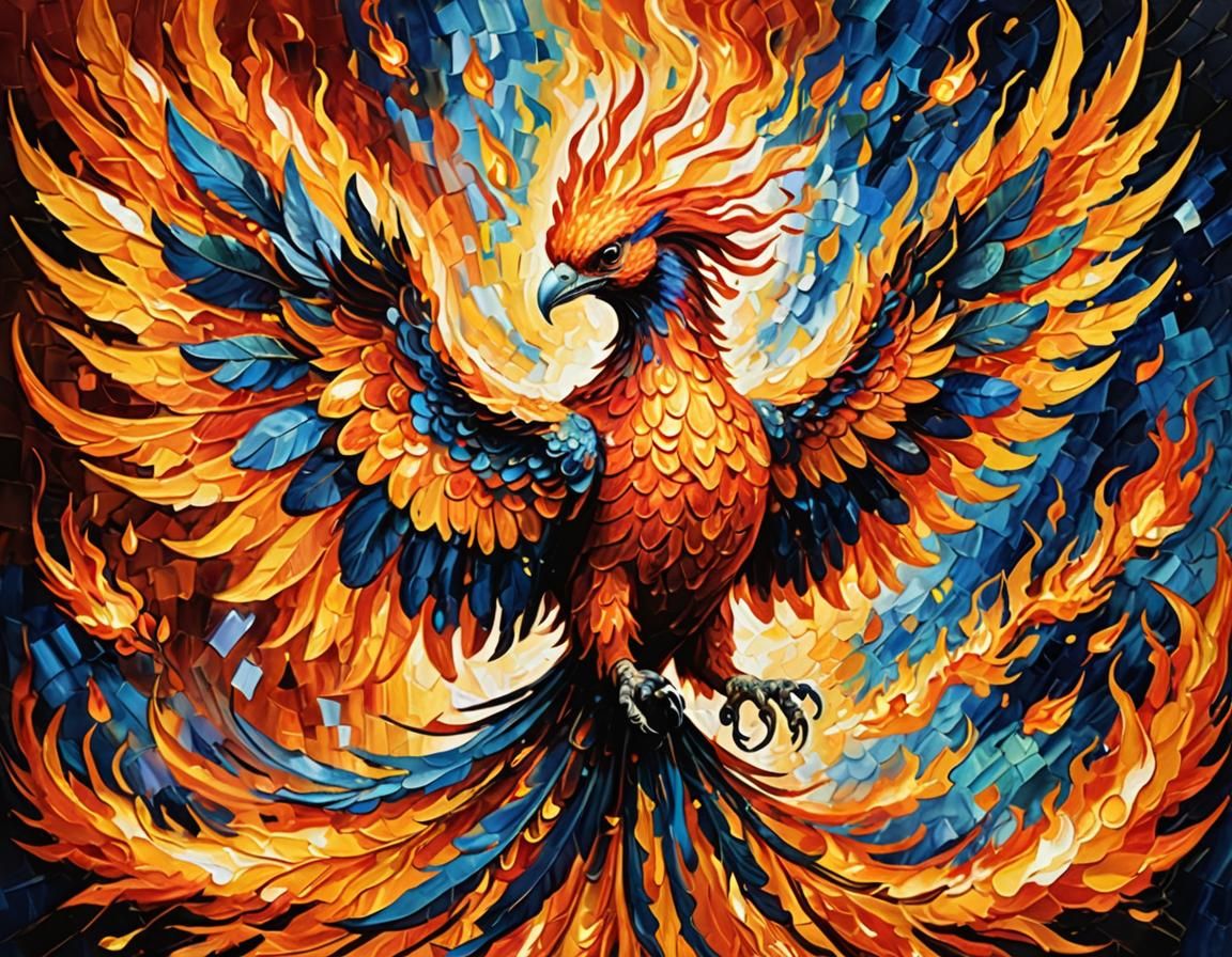 Phoenix Emerges from Flames: Oil Painting in Van Gogh Style