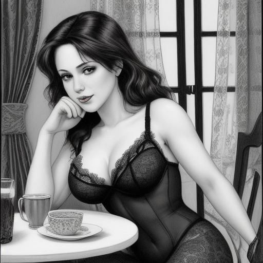 Woman in Dining Room: Comic Pencil Black and White Art