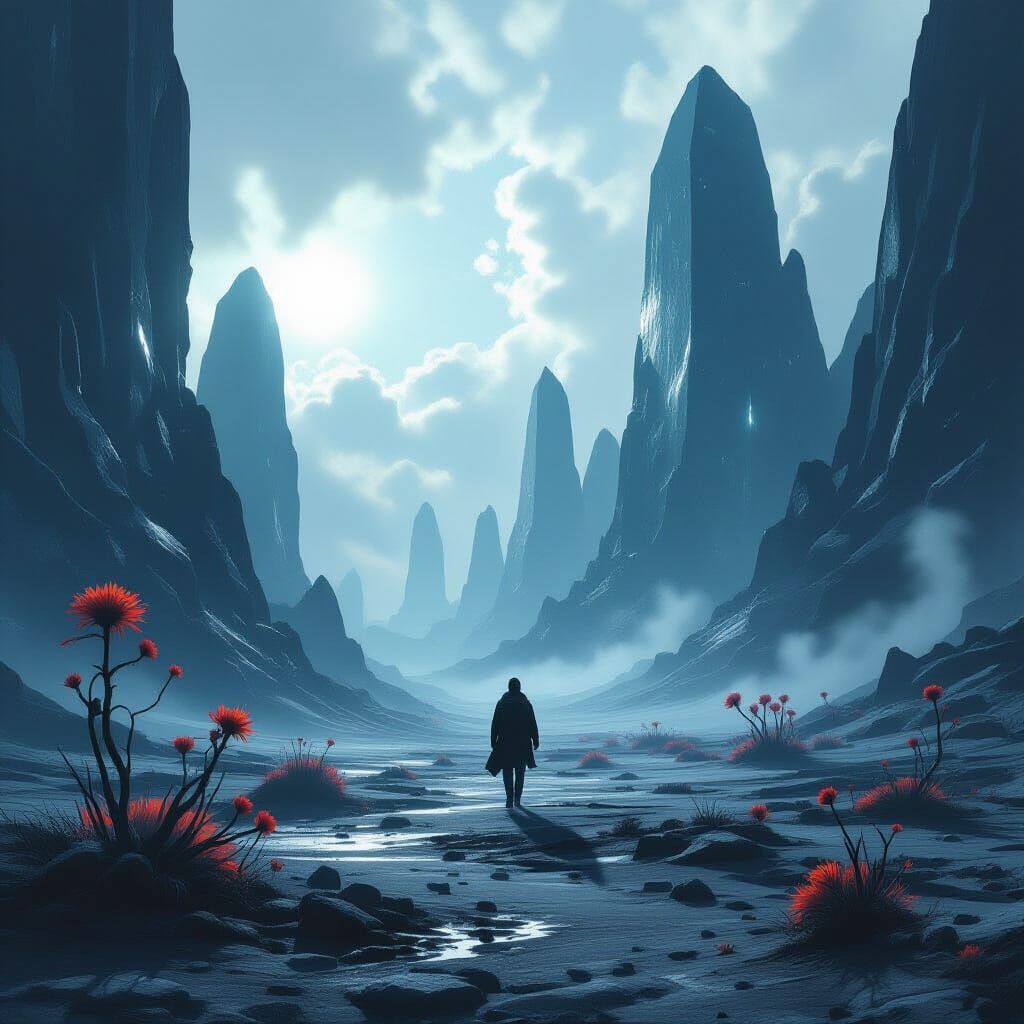 Alien Landscape with Crystalline Structures and Lone Figure