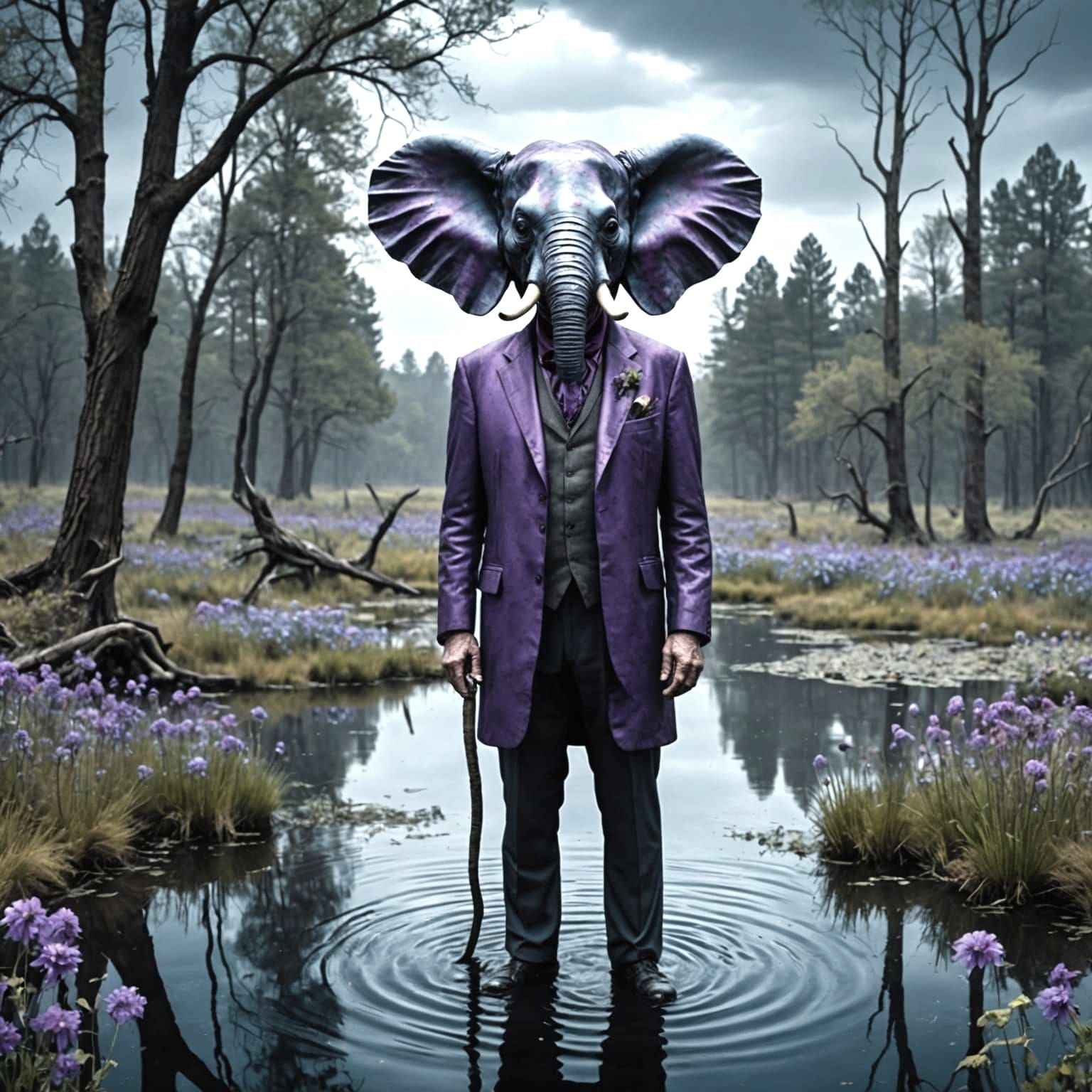 Elephant-Headed Man in Dreamlike Landscape