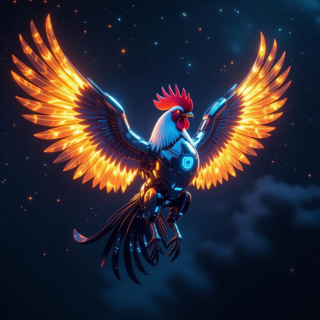 Futuristic Robotic Rooster Soars Through Galaxy