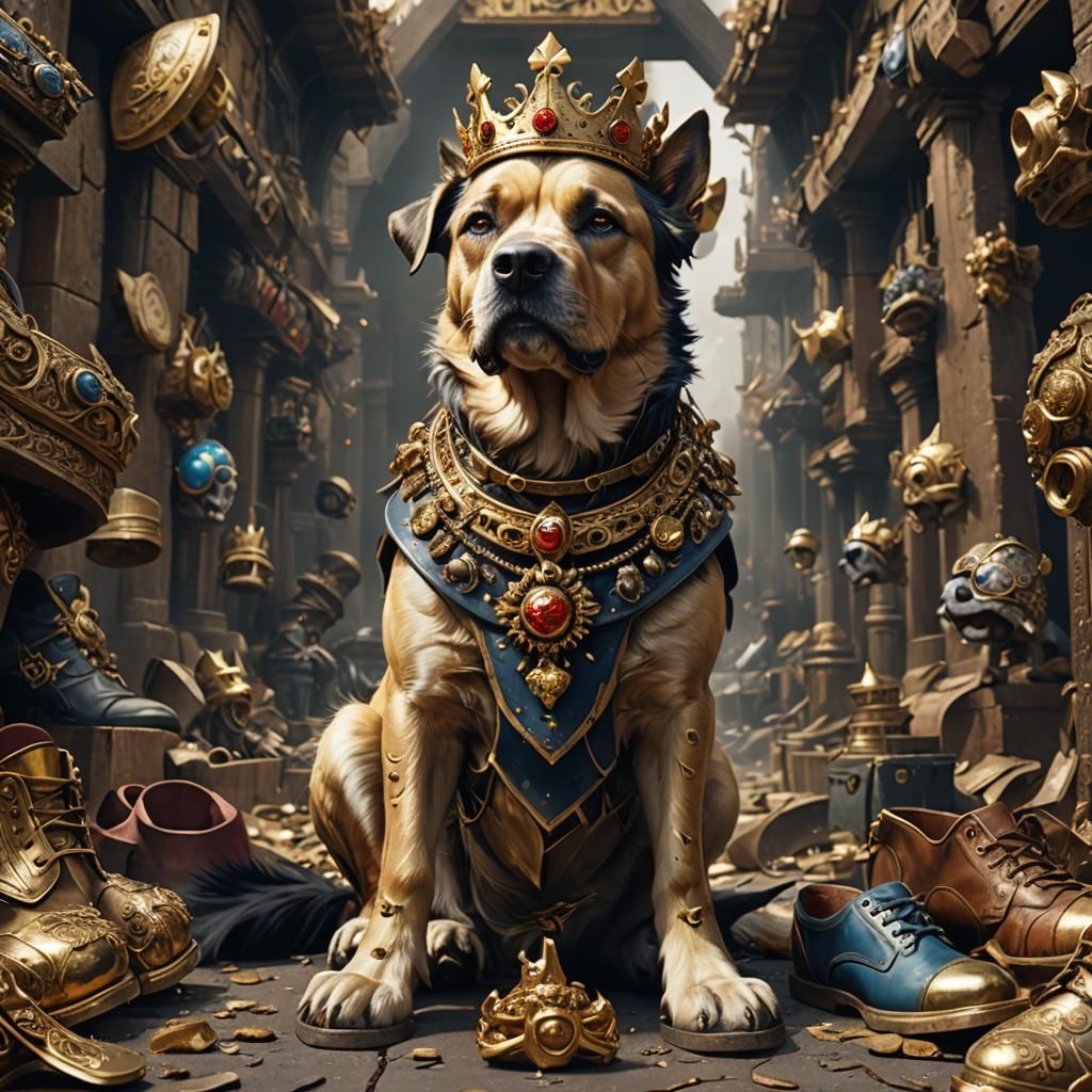 Dog in Gold Crown Surrounded by Shoes