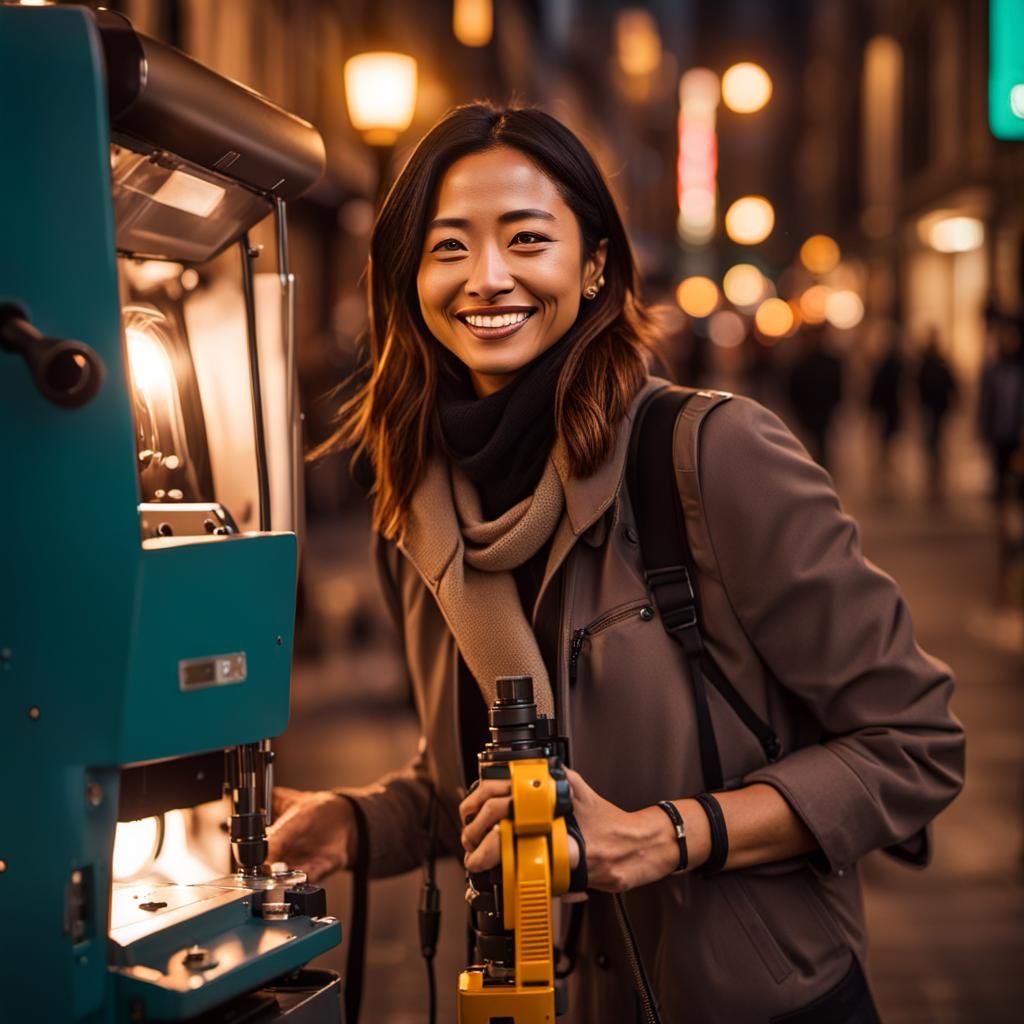 Candid Street Scene: Woman Watches Repair in Golden Light