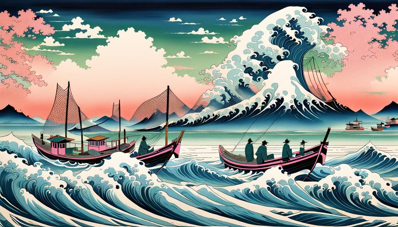 Ukiyo-e Fishing Boats on Elaborate Ocean Waves