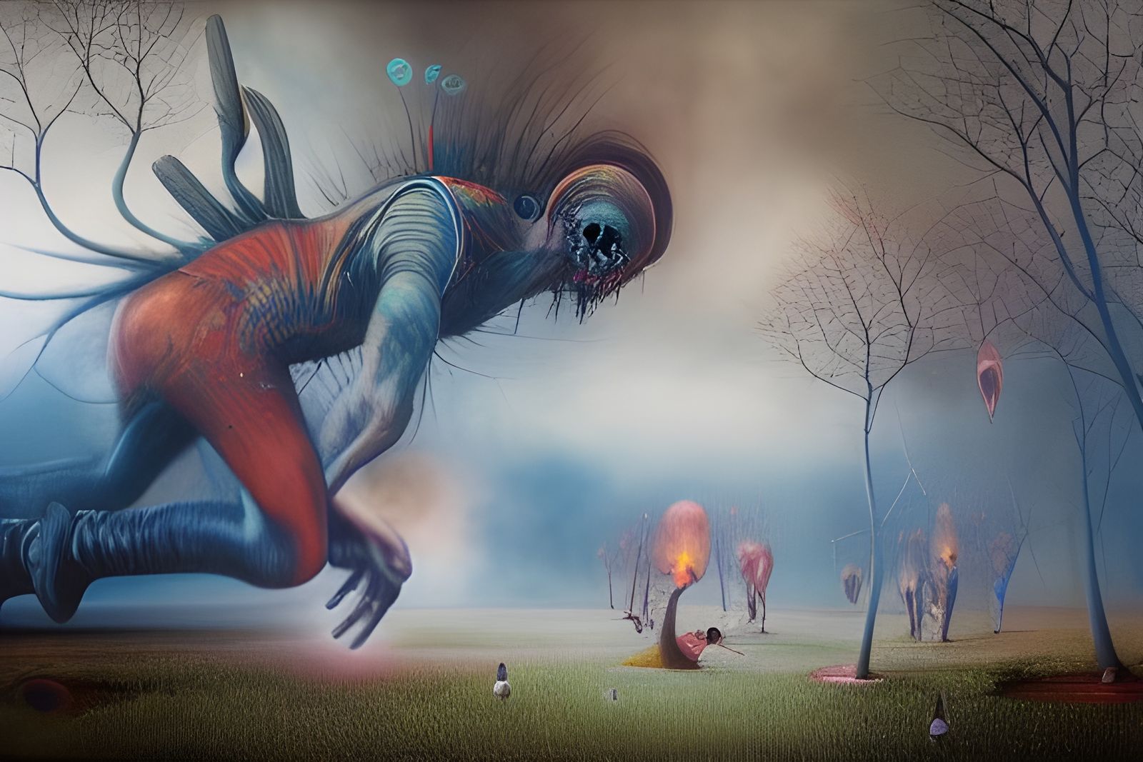 Fleeing Figures in a Bosch-Inspired Surreal Landscape