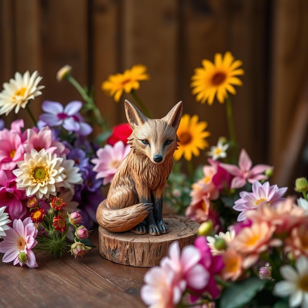 Fox Carving Surrounded by Flowers Still Life