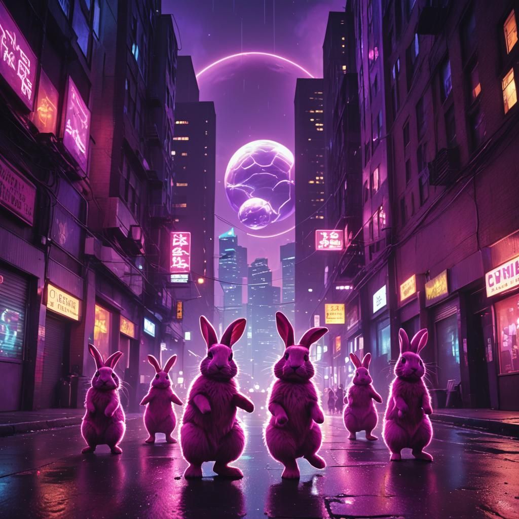 Synthwave Bunnies Dancing in Neon Retro Cityscape