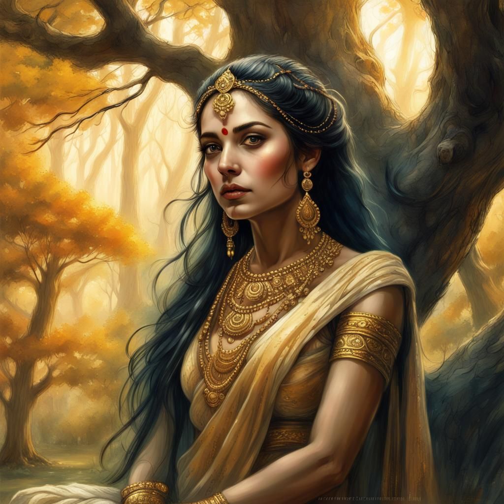 Goddess Sita in Glowing Forest, Digital Art