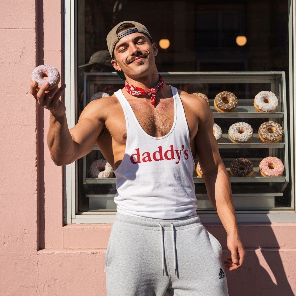 Muscular Man Flirts with Donut in Hipster Shop