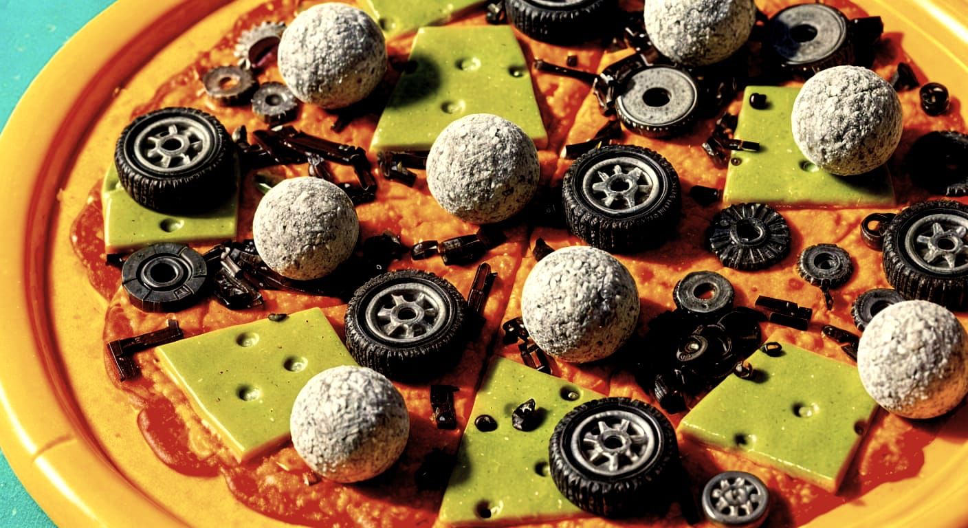 Surreal Plastic Pizza Topped with Odd Objects