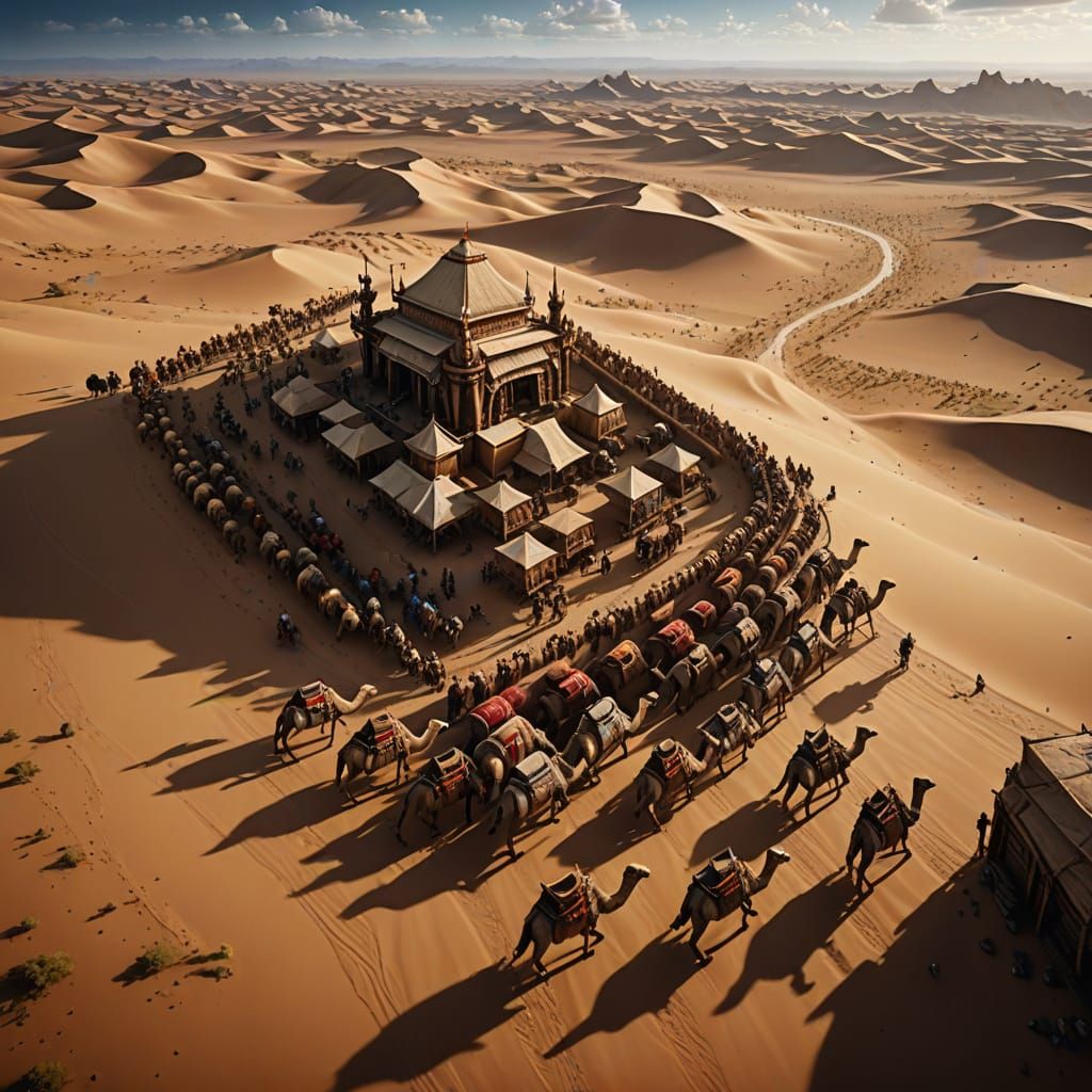 Epic Camel Caravan on Silk Road in Gobi Desert