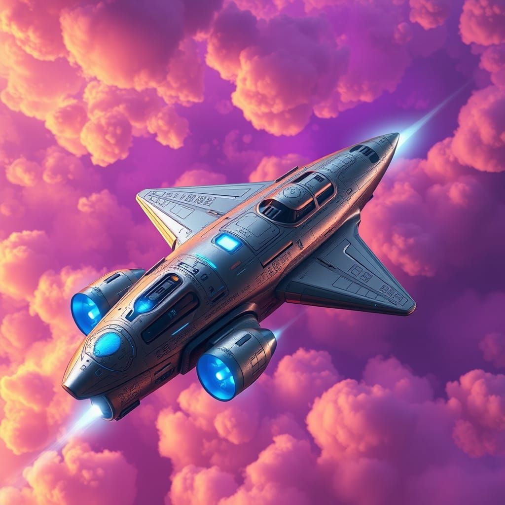Futuristic Spaceship Ascends Through Dreamlike Sky