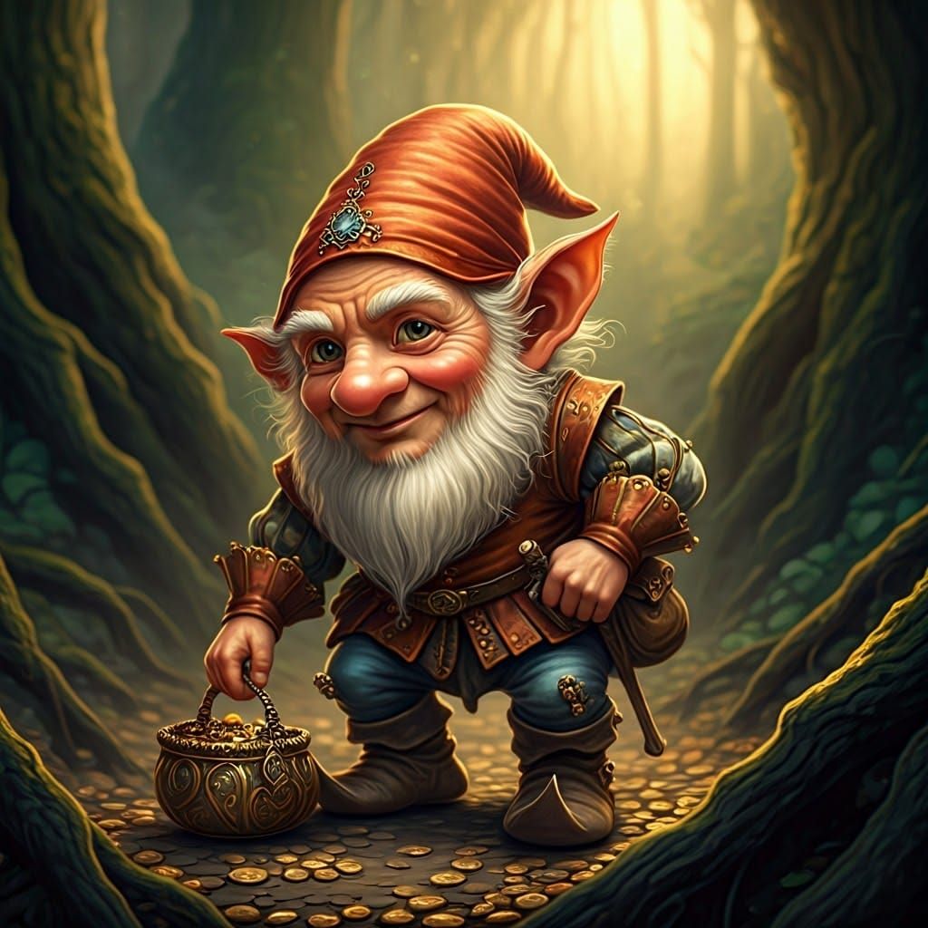 Gnome's Treasure Hunt in Misty Forest, Renaissance Style