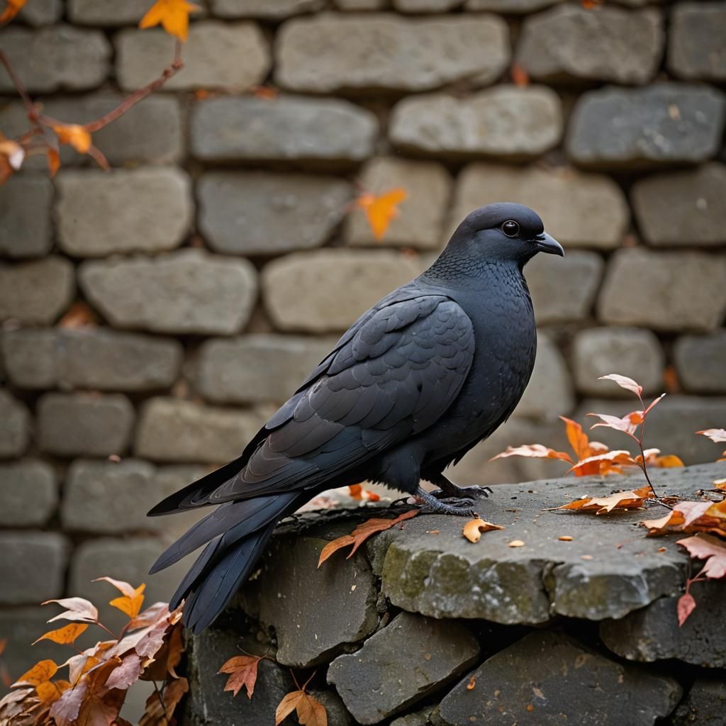 Black Dove Perched on Stone Wall: Nature Photography