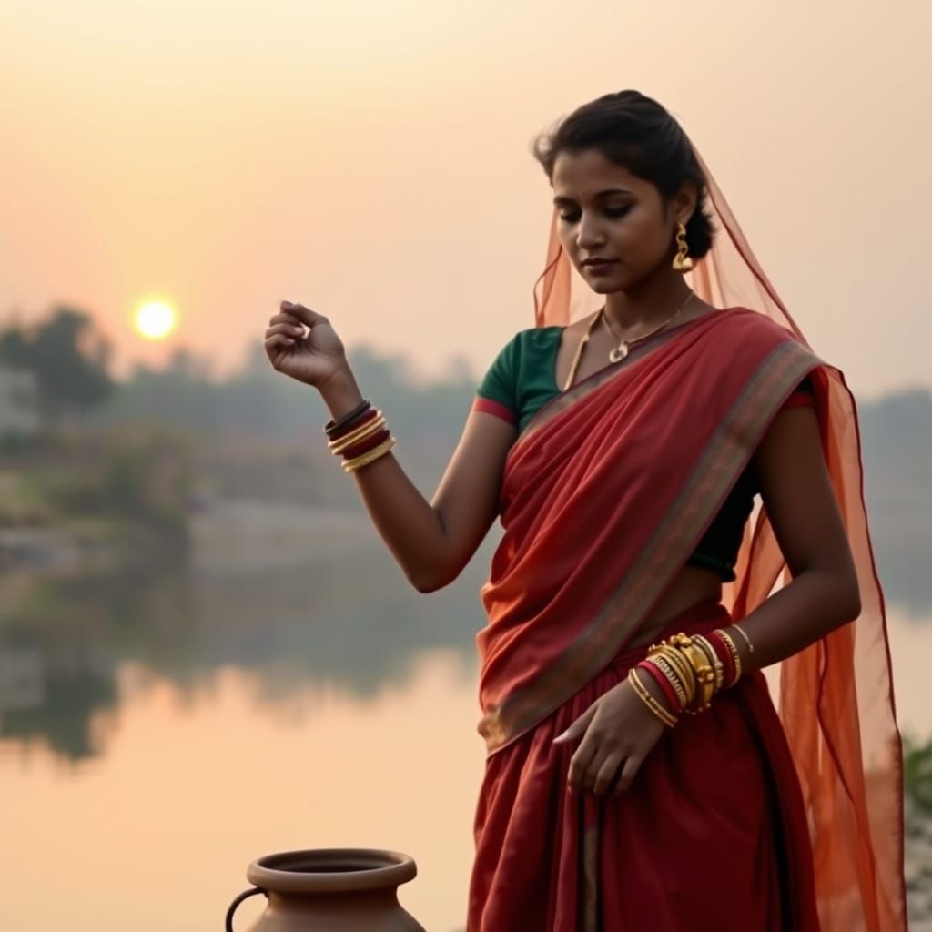 Traditional Indian Woman by Serene River at Dawn