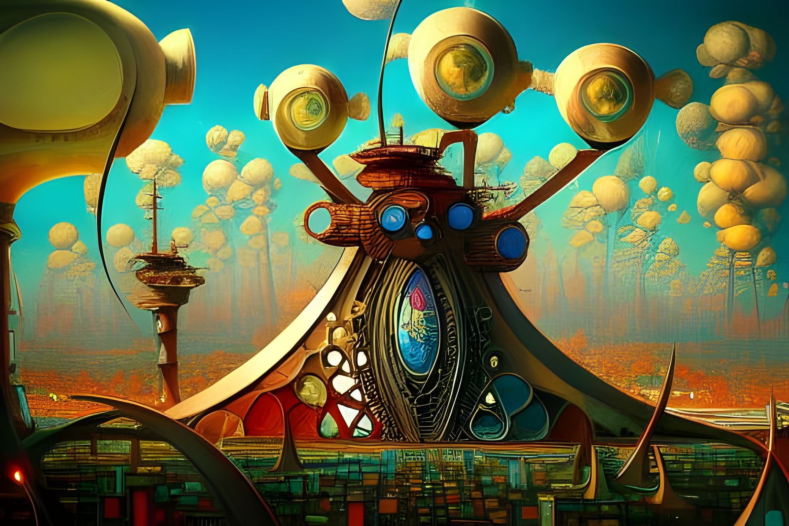 Retro-Futuristic Biomorphic City in Stained Glass Style