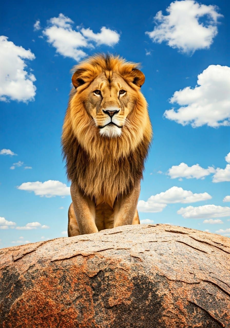Majestic Lion on Granite Stone Against Blue Sky