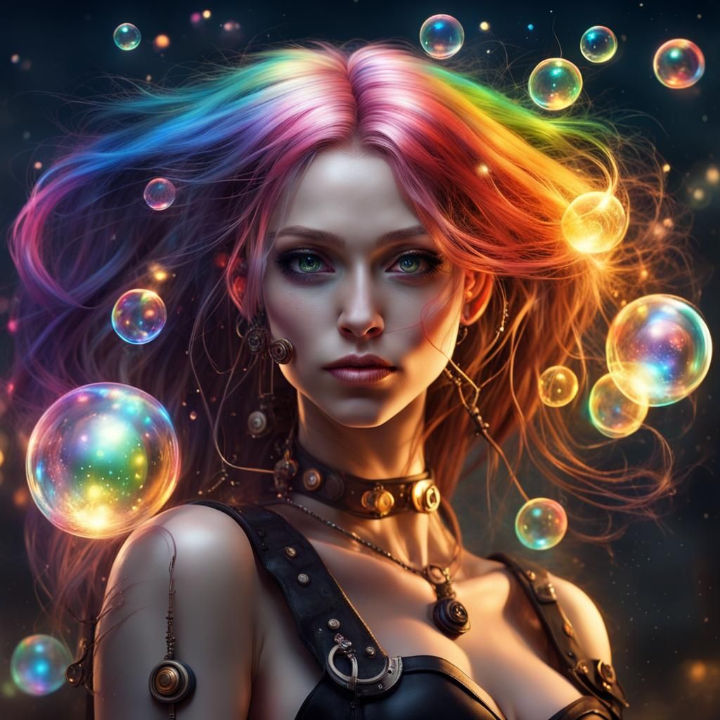 Fantasy Girl with Rainbow Bubbles and Steampunk Engine